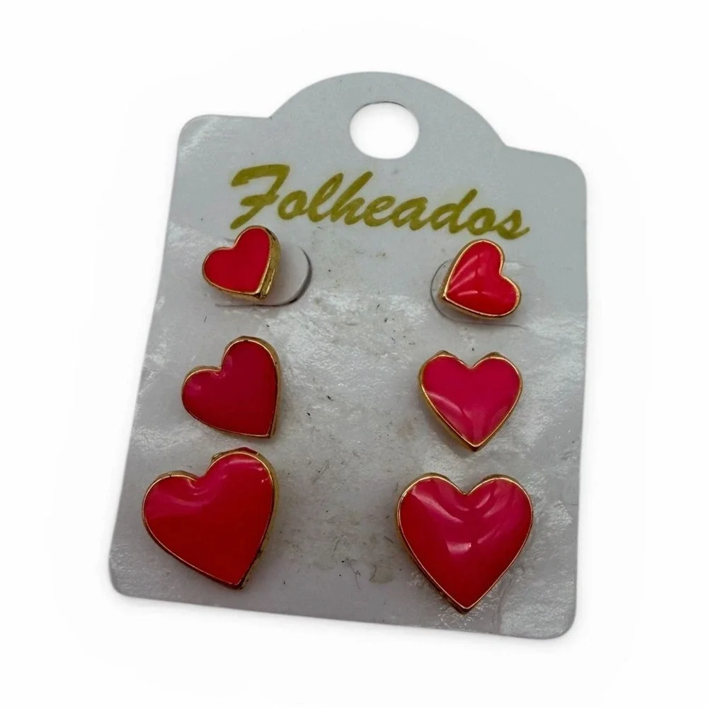 Gold Plated Heart Stud Earrings Set – 3 Pairs Red Enamel‎ Heart Earrings